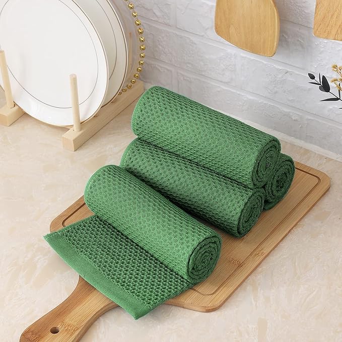 Homaxy 100% Cotton Waffle Weave Kitchen Towels, 13 x 28 Inches Super Absorbent and Machine Washable Dish Towels for Drying Dishes, 8-Packs, Grass Green