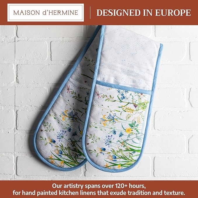 Maison d' Hermine Double Oven Mitts 100% Cotton 7"x35" Double Oven Mitt Heat Resistant BBQ Cooking Gloves with Loop Baking Grilling Gifts for Mothers Day Spring Summer (Fleurs De Mai)