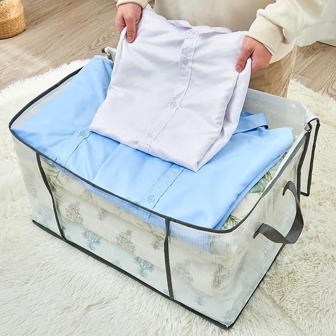 MKOKYD 80L Clear Large Storage Bag, Clothes Storage Containers for Organizing Closet, Bedroom, Underbed, Comforters, Clothing, Blankets, Pillow, Foldable Organizer with Sturdy Handle and Zippers (8)