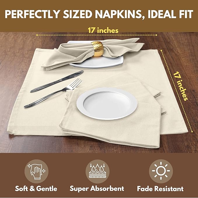 Native Fab Cloth Dinner Napkins, 12 Pack, 100% Cotton, 17x17 Inches, Soft Texture, Machine Washable, Colorfast, Suitable for Easter Lunch, Bridal Showers, Tea Parties, Formal Dining, Ivory