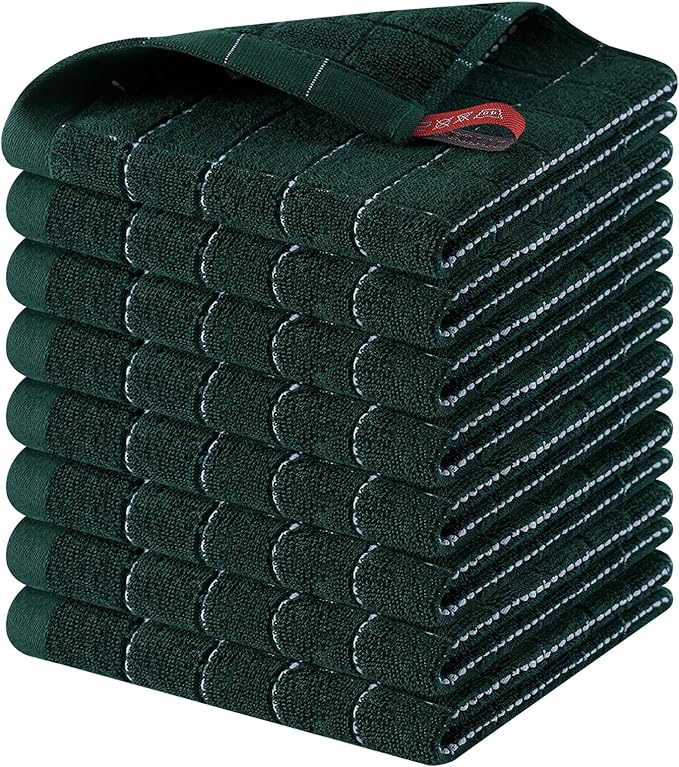 Homaxy 100% Cotton Terry Kitchen Dish Cloths, Ultra Soft and Absorbent Dish Towels for Kitchen, Suitable for Drying and Washing Dishes, 8 Pack, 12 x 12 Inches, Blackish Green