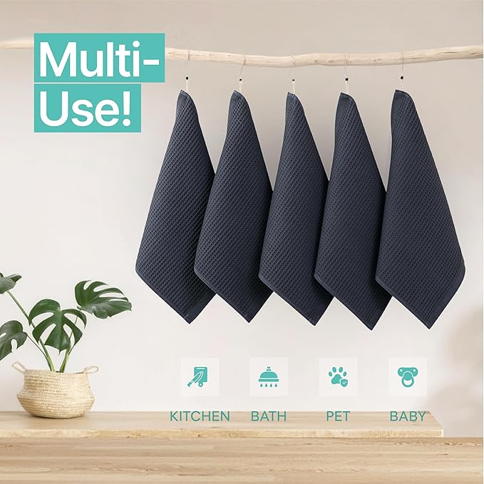 Kitchen Towels and Dishcloths Sets, 14 X 14 Inches, Absorbent Dish Towels for Kitchen, Microfiber Cleaning Cloth, Dish Cloths for Washing Dishes, Waffle Kitchen Towels (Dark Gray, 14" x 14")