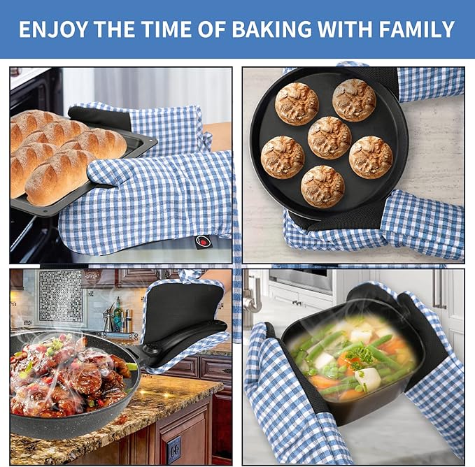 Oven Mitts and Potholders Gloves-Oven Mitts and Pot Holders (Blue Grid)