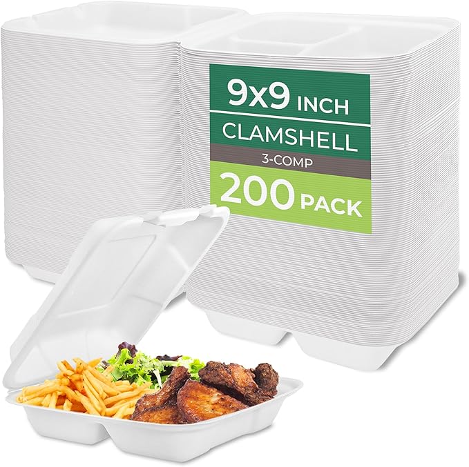 Freshware Clamshell Food Containers with Lids [9x9"] 3-Compartment 200-Pack, Disposable To Go Containers, Biodegradable Sugarcane To Go Boxes - Paper Containers - Microwave & Freezer Safe, Stackable