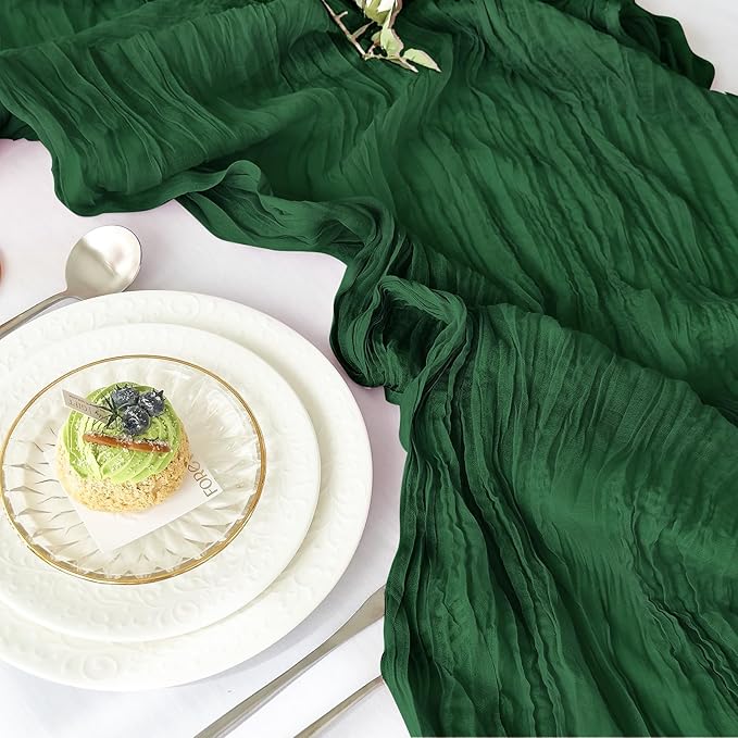IVAPUPU 4 Pcs Cheesecloth Table Runner - 10ft Emerald Green Boho Gauze Cheese Cloth Table Runners for Baby Shower Decorations Wedding Party Summer Garden Decor