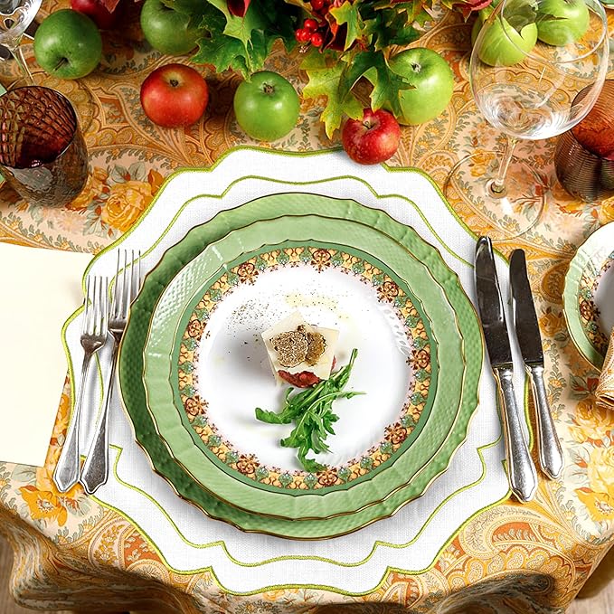 4 Sets Ribbon Twirl Cotton Linen Placemats, 15 inch Embroidery Round Cloth Table Mats with Green Scalloped Edge Washable Fabric Place Mats Flower Shape for Wedding Baby Shower Party Table Decor