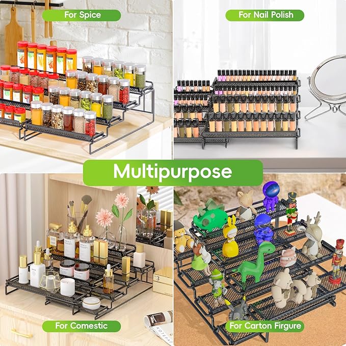 4 Tier Adjustable Spice Rack Organizer for Cabinet - Black (2 PCS S&L) Expandable Spice Shelf with Protection Railing for Inside Cabinets, Countertop, Pantry Storage & Seasoning Organization