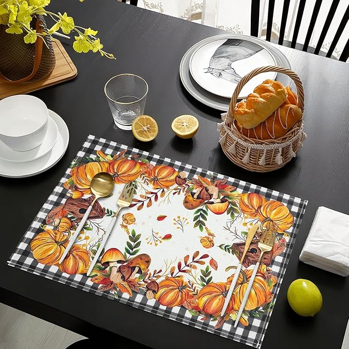 Bloss Thanksgiving Placemats Set of 4 Pumpkin Leaves Fall Placemats,Autumn Decorations Clearance,12x18Inch Plaid Place Mats,Thanksgiving Kitchen Dining Table Place mats for Fall Decorations