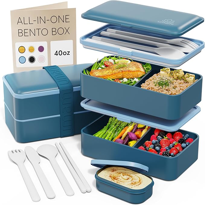 Umami Bento Box Adult All-In-1 w/4 Utensils, 2 Sauce Jar, 2 Dividers, 100% Leakproof, Microwave & Dishwasher Safe, Stackable Bento Lunch Box Containers for Men/Women, Denim Blue, 40 oz