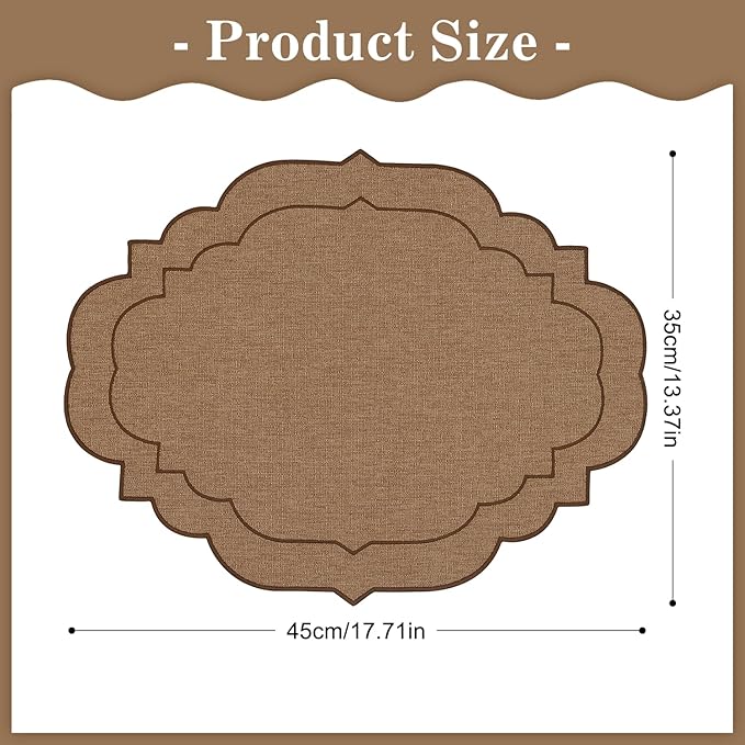 Cotton Linen Oval Placemats Set of 4, HADEEONG Table Mats Cloth Placemats, Washable Wrinkle Resistance, Scalloped & Embroidered Fabric Placemats, 17.71 x 13.77inch (Coffee, 4)