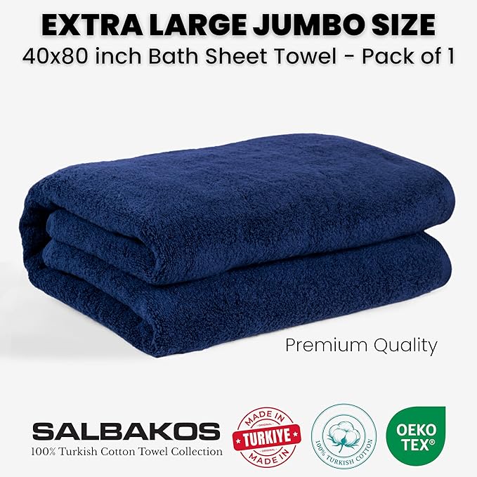 SALBAKOS Luxury 100% Turkish Cotton Bath Sheets 40x80 in Oversized Extra Large Bath Towels | Premium Hotel Quality Thick Soft Absorbent Turkish Towel for Spa Beach (Pack of 1, Navy, Jumbo Bath Sheet)