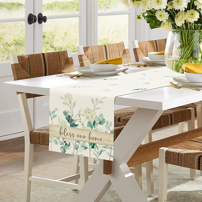 Bonhause Eucalyptus Leaves Table Runner 13x90 Inch Green Plants White Flowers Spring Summer Seasonal Holiday Kitchen Dining Table Decoration for Indoor Outdoor Home Party Decor