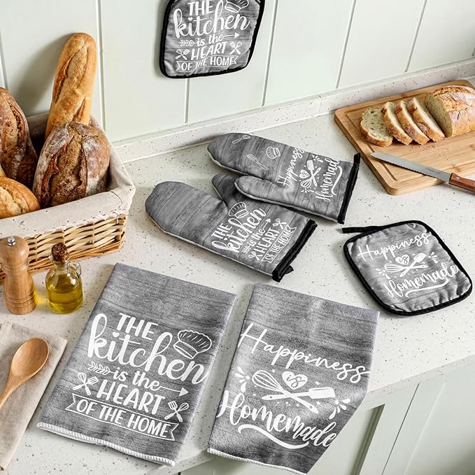 Sratte 6 Pcs Kitchen Decor Accessories Set Farmhouse Towels Pot Holders Oven Mitts Set 2 Dish Towels 2 Potholders 2 Cooking Mittens Oven Glove for Christmas Baking Cooking (Dark Gray)
