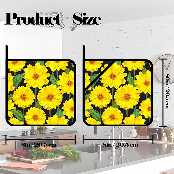 Pot Holders for Kitchen Heat Resistant Pot Holders,Watercolor Blooming Sunflowers Set of 2 Oven Hot Pads for Cooking Baking BBQ Gifts for Women Men