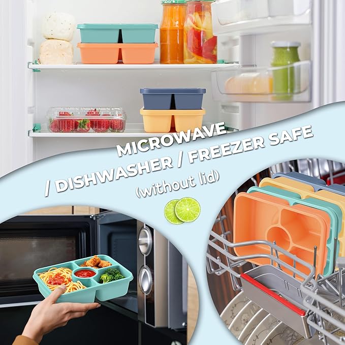 Bento Snack Box Containers, Reusable Meal Prep Lunch Containers for Adults Kids, Stackable Bento Snack Box 4 Pack, Divided Lunchable Food Storage Containers with Sauce Container, Orange Yellow
