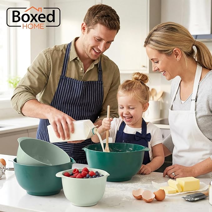 BoxedHome Green Ombre Nesting Plastic Mixing Bowl Set With Pour Spout, Microwave and Dishwasher Safe, BPA free Non-Slip Base, Set of 4 Size 1.7, 2.5, 3.5 and 4.5qt, Great for Prepping, Baking, Cooking
