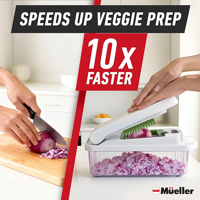 Mueller Pro-Series 10-in-1, 8 Blade Vegetable Chopper, Onion Mincer, Cutter, Dicer, Egg Slicer with Container, French Fry Cutter Potato Slicer, Home Essentials, Salad Chopper White Sand/Green