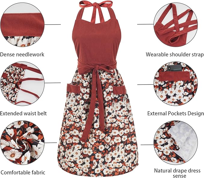 Cute Floral Aprons for Women with Pockets,Cotton Adjustable Neck Strap Apron for Kitchen Cooking Baking Gardening