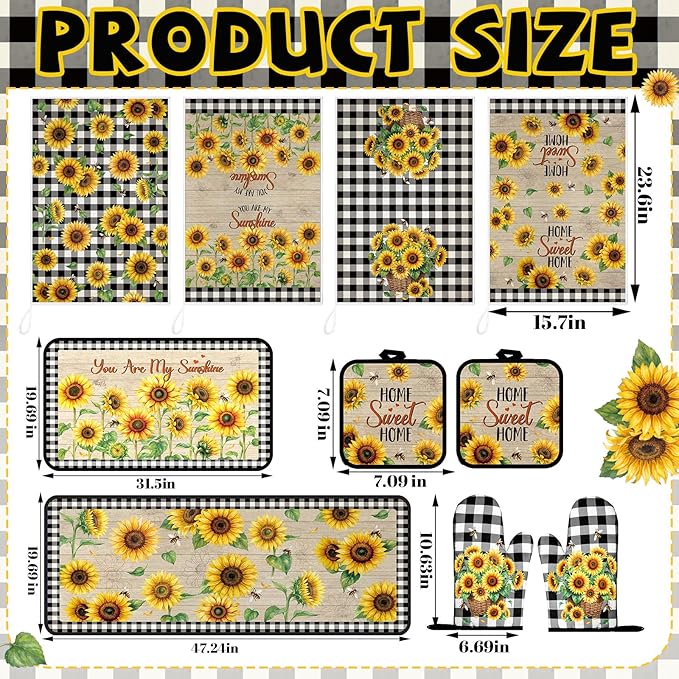 Fourluoo 10 Pcs Sunflower Kitchen Decor Bee Oven Mitts and Pot Holders Set Sunflower Dish Towels Summer Rugs Mats Farmhouse Kitchen Accessories for Chef Baking Cooking Grilling Women Home Retro Gift