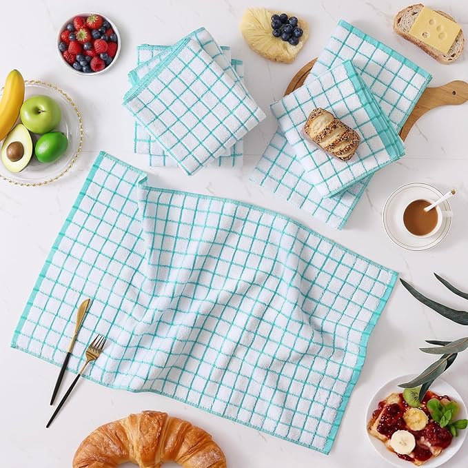 Homaxy Premium Kitchen Towels(16”x 28”, 8 Pack), Large Ring Spun Cotton Dish Towels, Super Absorbent Soft Terry Kitchen Hand Towels, Check Design Tea Towel Set with Hanging Loop, Aqua