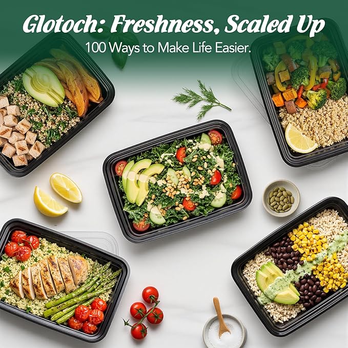Glotoch 16oz Meal Prep Containers with Lids 50-Pack, Airtight Leakproof Food Storage Containers Reusable, BPA-Free Plastic Containers - Stackable Bento Lunch Boxes
