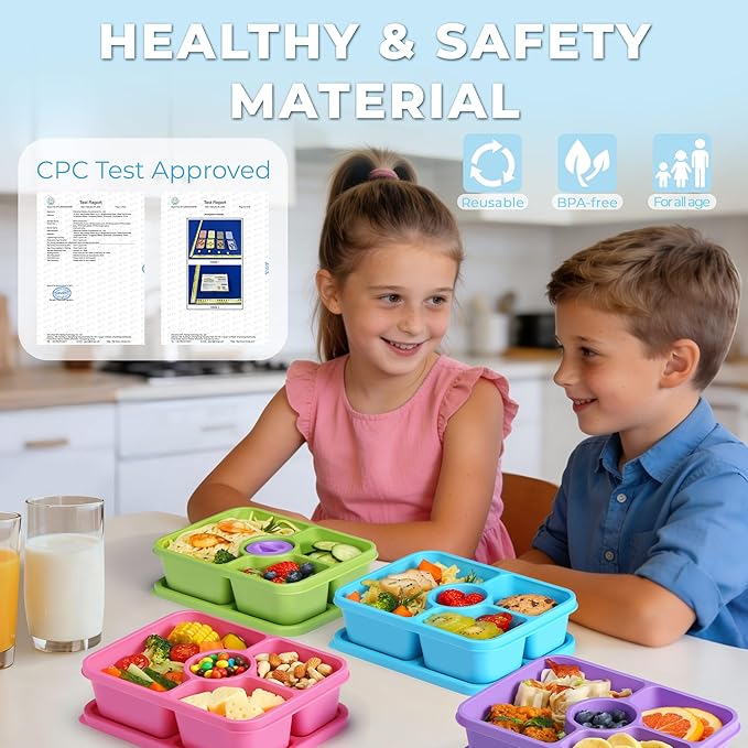 Bento Snack Box Containers, Reusable Meal Prep Lunch Containers for Adults Kids, Stackable Bento Snack Box 4 Pack, Divided Lunchable Food Storage Containers with Sauce Container, Rose Pink