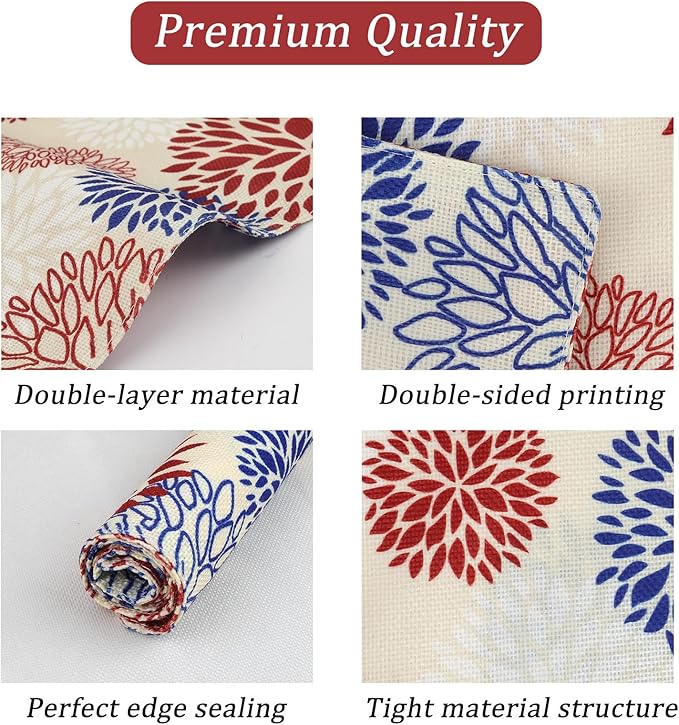 comfoyar Navy Blue Red Dahlia Placemats Set of 4, 12x18 Inch Non-Slip Linen Farmhouse Place Mats, Washable Absorbent Seasonal Table Mats for Kitchen Dining Party Table Decoration
