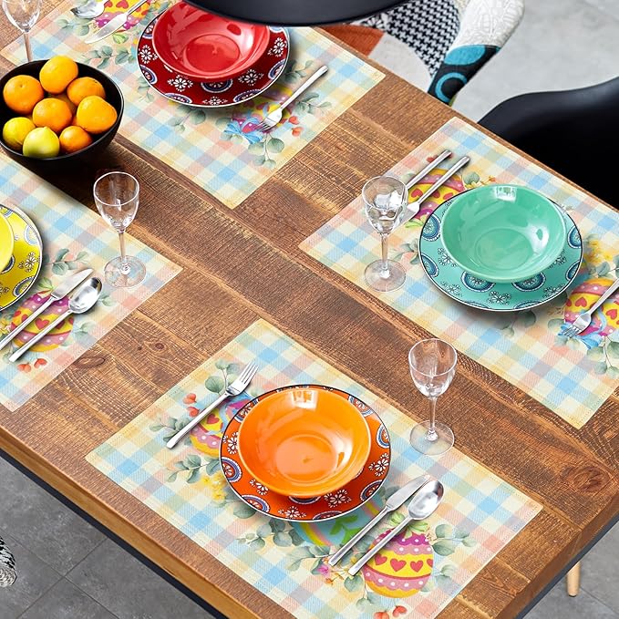 Easter Eggs Placemat Set of 4 Colorful Buffalo Check Plaid Non Slip Heat-Resistant Washable Table Place Mats 12 x 18 Inch for Holiday Seasonal Party Kitchen Dining