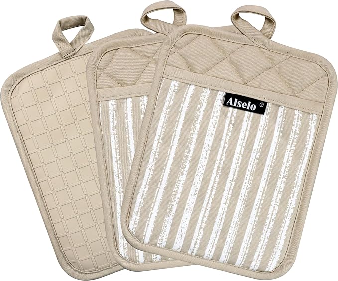 Alselo Silicone Pot Holders Set of 3 Heat Resistant & Non Slip Potholders, Professional Oven Hot Pads with Pockets Mitts for Kitchen Cooking Baking Barbecue (Khaki, 3)