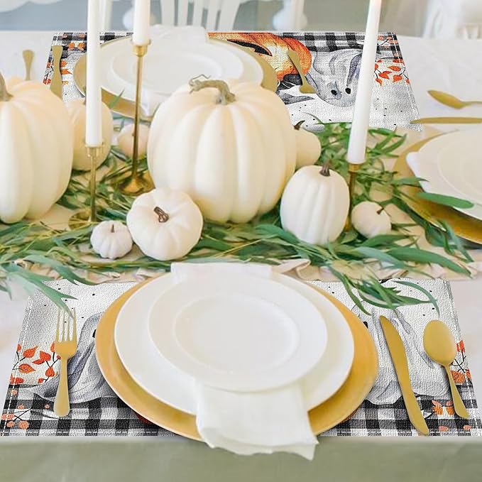 Niviy Buffalo Plaid Bat Ghost Pumpkins Halloween Placemats Set of 6, 12x18 Inch Horror Halloween Table Mats for Holiday Party Kitchen Dining Room Decoration