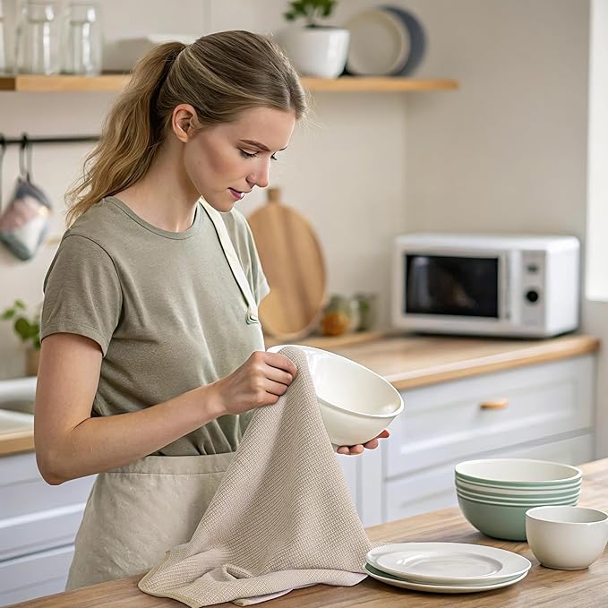 Mordimy Premium Kitchen Towels 6 Pack (18 x 28 Inches, Khaki), Large Cotton Kitchen Hand Towel, Flat & Terry Dish Towels for Drying Dishes, Super Absorbent Tea Dishtowels Set with Hanging Loop