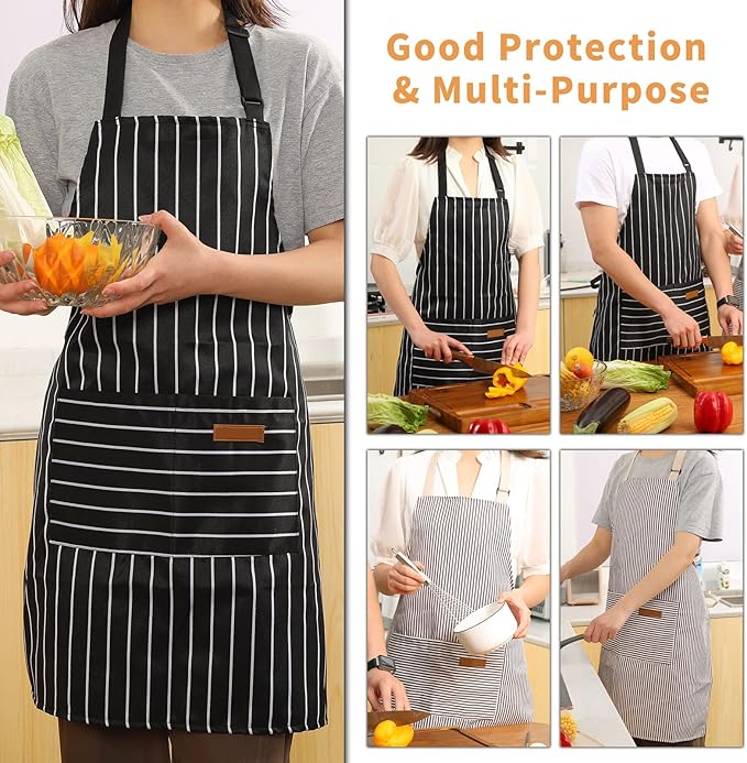 Tosewever 2 Pieces Kitchen Cooking Aprons, Cotton Polyester Blend Adjustable Bib Aprons with 2 Pockets for Women Men Chef Chef (Black/Brown Stripes, 2)