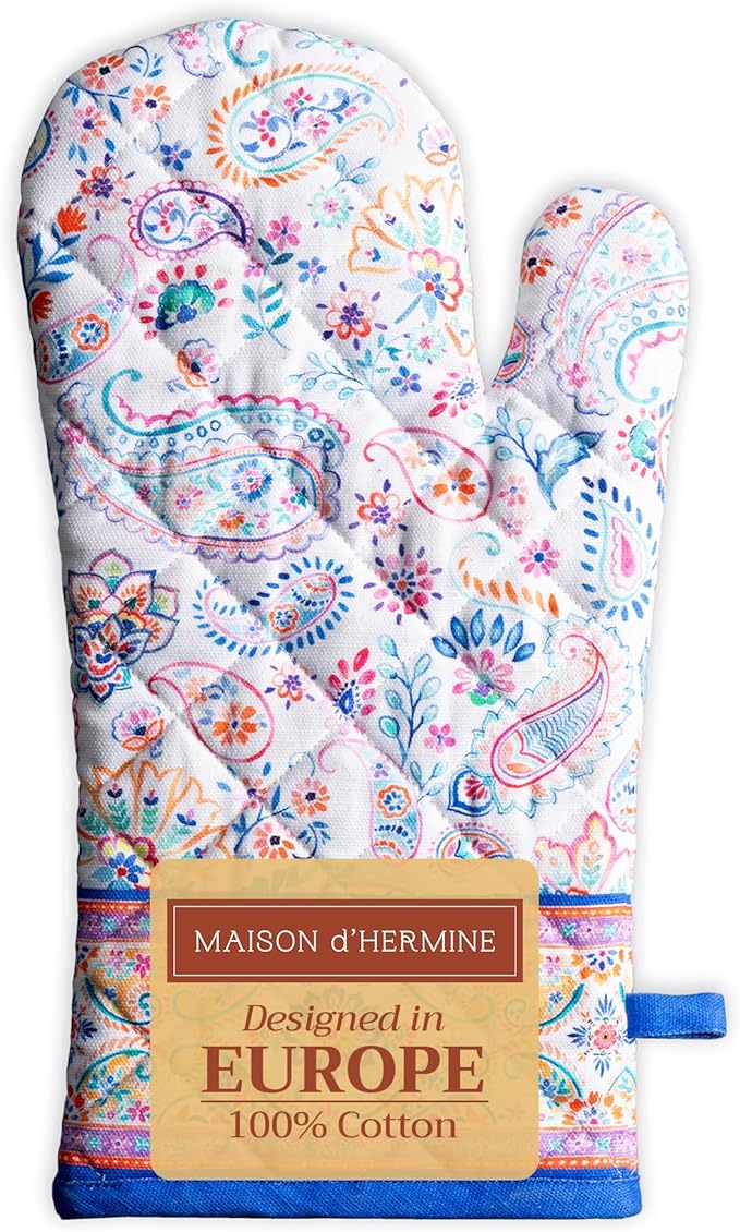 Maison d'Hermine Oven Gloves 100% Cotton Oven Mitt 7" x 13" with Loop Heat Resistant BBQ Cooking Gloves Baking Grilling Gifts for Mothers Day Spring/Summer (Pack of 1, Indian Floral)