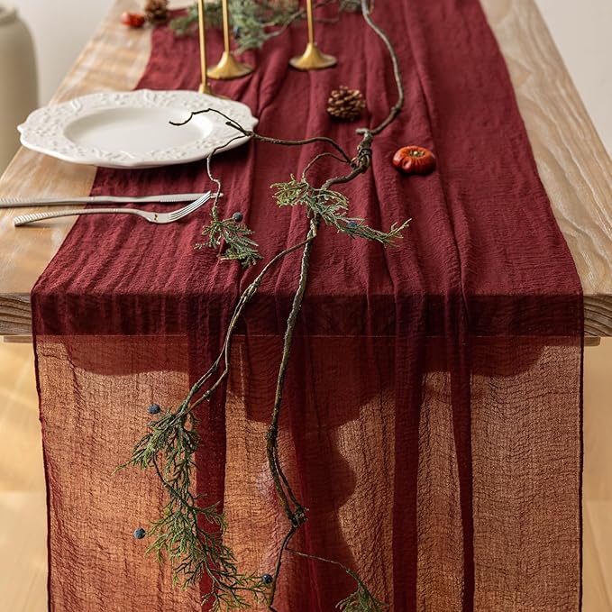 Keketoarrange 10pcs Burgundy Table Runner Valentines Decor Red Cheesecloth Gauze 120 Inch 10 FT Rustic Boho Cheese Cloth Runner for Wedding Baby Bridal Shower Party Long Sheer Spring Home Decorations