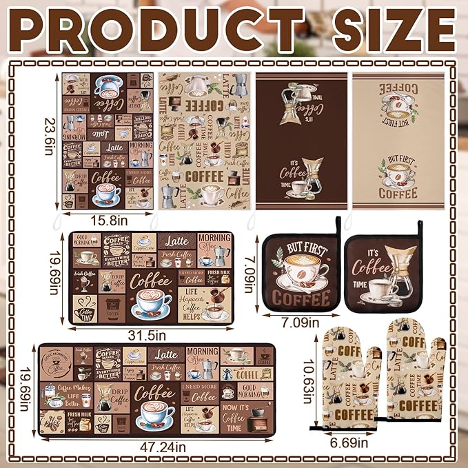 Fourluoo 10 Pcs Coffee Kitchen Decor and Accessories Coffee Oven Mitts and Pot Holders Set Dish Towels Farmhouse Kitchen Decor Vintage Brown Gloves for Chef Baking Cooking Grilling BBQ Women Gift