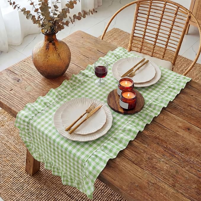 HunnmingRe 1 Pcs Light Green Plaid Gingham Ruffle Table Runner 118 x 13.8'' Farmhouse Easter Table Runner 100% Cotton Scalloped Long Dresser Scarves for Dining Room, Wedding, Kitchen Rustic Home Decor