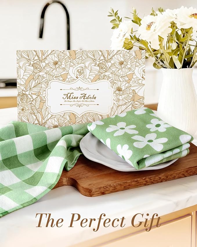 Miss Adola 2pcs Flour Sack Kitchen Towels - 18"x 26" Cotton Kitchen Hand Towels with Hanging Loop Reusable Geometric Green Farmhouse Plaid Floral Tea Towel Absorbent Dishcloths Home Decor, Sage Green