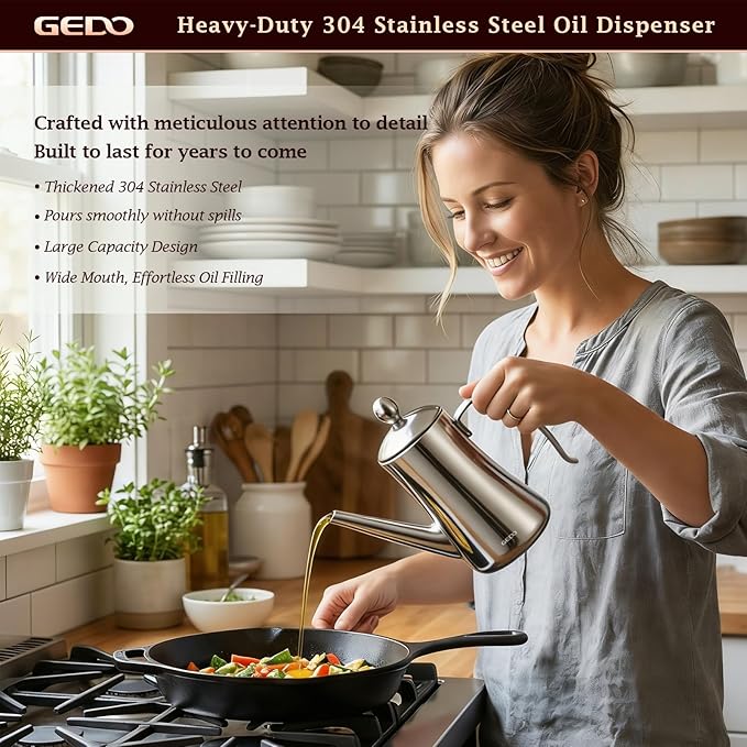 GEDO 304 Stainless Steel Oil Dispenser, Eagle Beak Drip-Free Spout Oil Pot with Extra Wide Mouth & Air Vent Lid, Large Capacity for Kitchen Cooking & Outdoor Grilling (1.05QT / 1000ml)