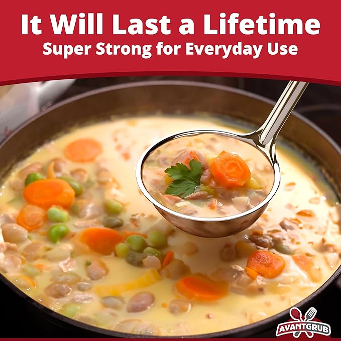 Super Sturdy, Ergonomic 8 Oz. Soup Ladle 3 Pk. Stainless Steel Ladles with Long Handles. Best Kitchen Accessories for Stirring, Portioning and Serving Soups, Chili and Stew in Restaurants and at Home