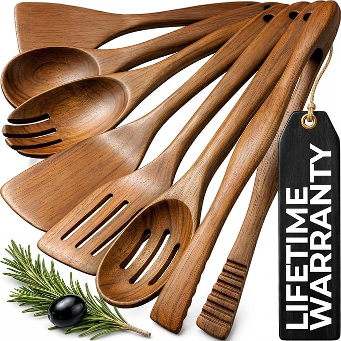 Zulay Kitchen Teak Wood Utensil Set – 7 Piece Wooden Cooking Utensils – Slotted Spoon, Bowl Scraper, Solid & Slotted Turner, Salad Spoon, Fork & Tongs – Durable, Nonstick Safe & Smooth Finish