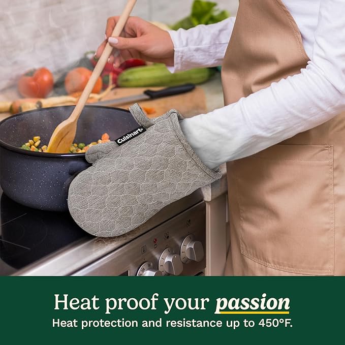 Cuisinart Mini Oven Mitts – 5.5” x 8” Heat-Resistant Kitchen Mitts for Oven with Non-Slip Printed Silicone, Cotton Filling, and Faux Leather Loop – Durable Oven Mitt Set for Cooking & Baking