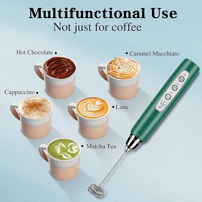 BSRGMS Milk Frother Handheld for Coffee, Electric Whisk 3 Speed Adjustable, Drink Mixer with Stainless 3 Whisks, Rechargeable Hand Frother Wand, for Latte Cappuccino Hot Chocolate Egg Green