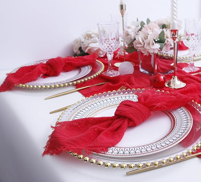 Cloth Napkins with Fringe Set of 12,100% Soft Cotton, Gauze Washable Napkins for Wedding Decorative,Valentine's Day, Dinner Parties,(16''*16'') Red