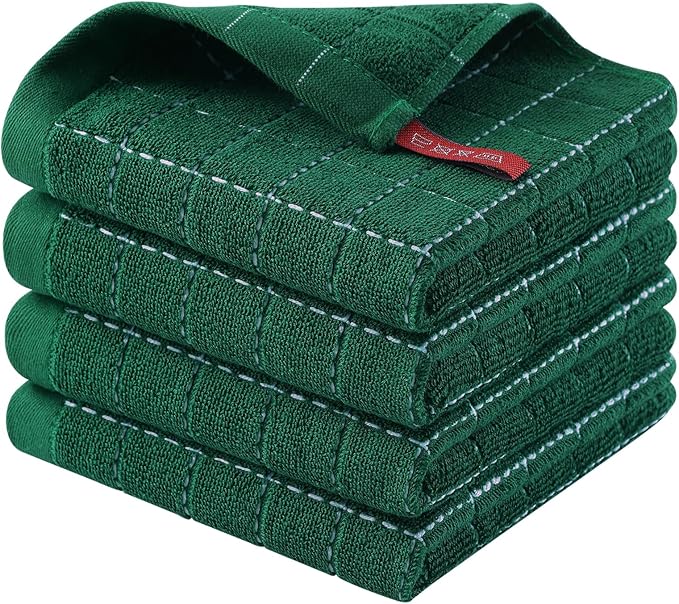 Homaxy 100% Cotton Terry Kitchen Dish Cloths, Ultra Soft and Absorbent Dish Towels for Kitchen, Suitable for Drying and Washing Dishes, 4 Pack, 12 x 12 Inches, Dark Green