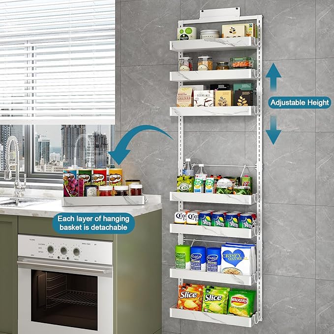 bukfen Over the Door Pantry Organizer, 8-Tier Adjustable Basket Kitchen Pantry Door Organization and Storage, Heavy-Duty Metal Hanging Kitchen Spice Rack, D6.3 x W17.32 x H66.93 inch, 1 Pack