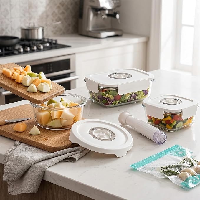 Glass Vacuum Sealable Container Set - 9 Pieces, 6 Sizes, Hand Pump, 10 Bags