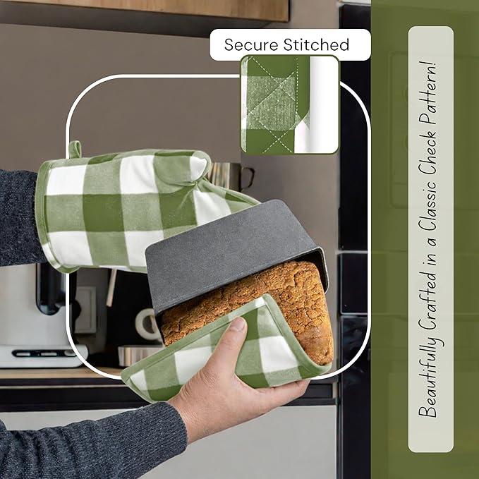 Native Fab Buffalo Plaid Check Oven Mitts and Pot Holders Set of 4, 100% Cotton Heat Resistant Kitchen Gloves, 2 Oven Mitts (7x13), 2 Pot Holders (8x8) for Cooking & Baking, Mint Green White