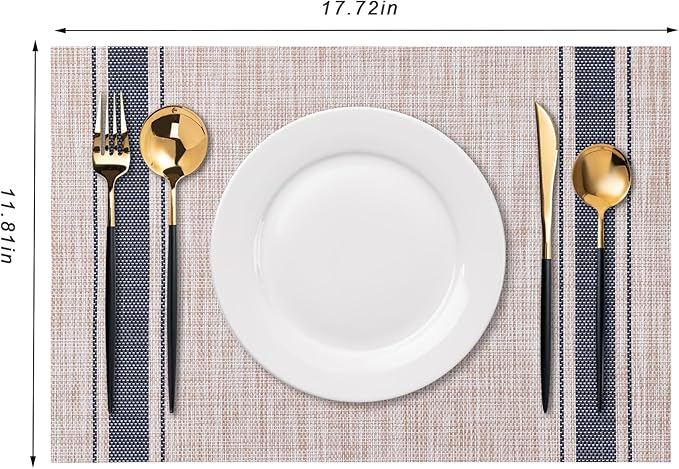 CADONO Placemats Set of 4 Washable Indoor/Outdoor Vinyl Place Mats for Dining Table Durable Non-Slip Heat Resistant PVC Weave Table Mats（Stripes-Blue）