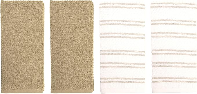 MosJos Kitchen Towels, Set of 4 Hand Towels Cotton Waffle Weave Taupe and White Dish Cloths 18 x 28 Super Absorbent and Striped Design