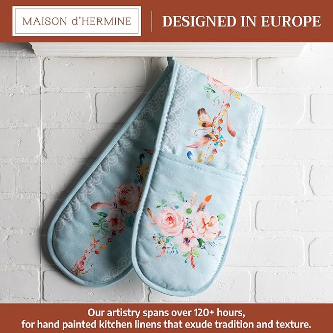 Maison d' Hermine Double Oven Mitts 100% Cotton 7"x35" Double Oven Mitt Heat Resistant BBQ Cooking Gloves with Loop Baking Grilling Gifts for Mothers Day Spring Summer (Ibiza - Blue)
